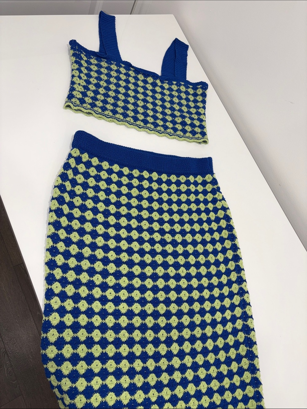 Zara Blue and Lime Checkered Knit Midi Skirt Set
